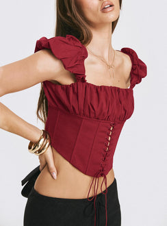 Corset top Cap sleeve, boning throughout, pleated bust, curved hem, zip fastening at back Non-stretch material, fully lined