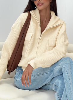 Too Busy Zip Up Sweater Beige Princess Polly  regular 