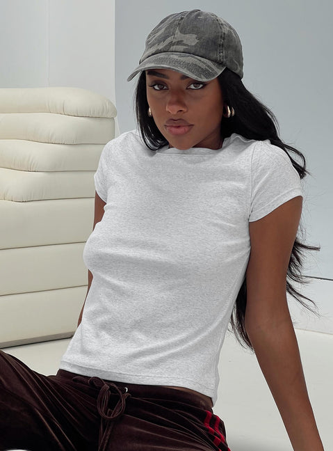 front view of model wearing Princess Polly Prestige Longline Baby Tee Grey Short Sleeves Crew Neck 