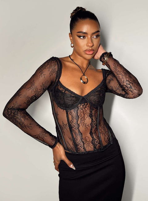 product Princess Polly Full Sleeves Square Neck  Some Like It Hot Long Sleeve Lace Corset Black