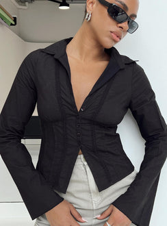 Shirt V neckline Classic collar Slight ruching at bust Button fastening at front Knitted lace detail Flared cuff