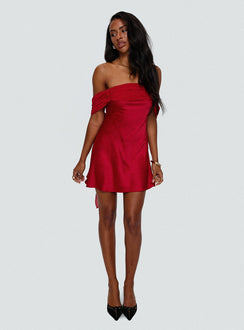 front view of model wearing Princess Polly Adoration Mini Dress Red Straight Neck 