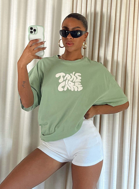 product Princess Polly Half Sleeves Crew Neck  Take Care Oversized Tee Green
