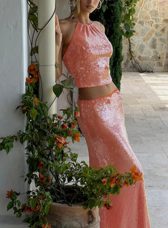 back view of model wearing Princess Polly Emalia Sheer Sequin Maxi Skirt Orange Maxi Skirts 