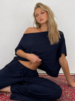 Cozy Hour Sleep Relaxed Off Shoulder Top Navy