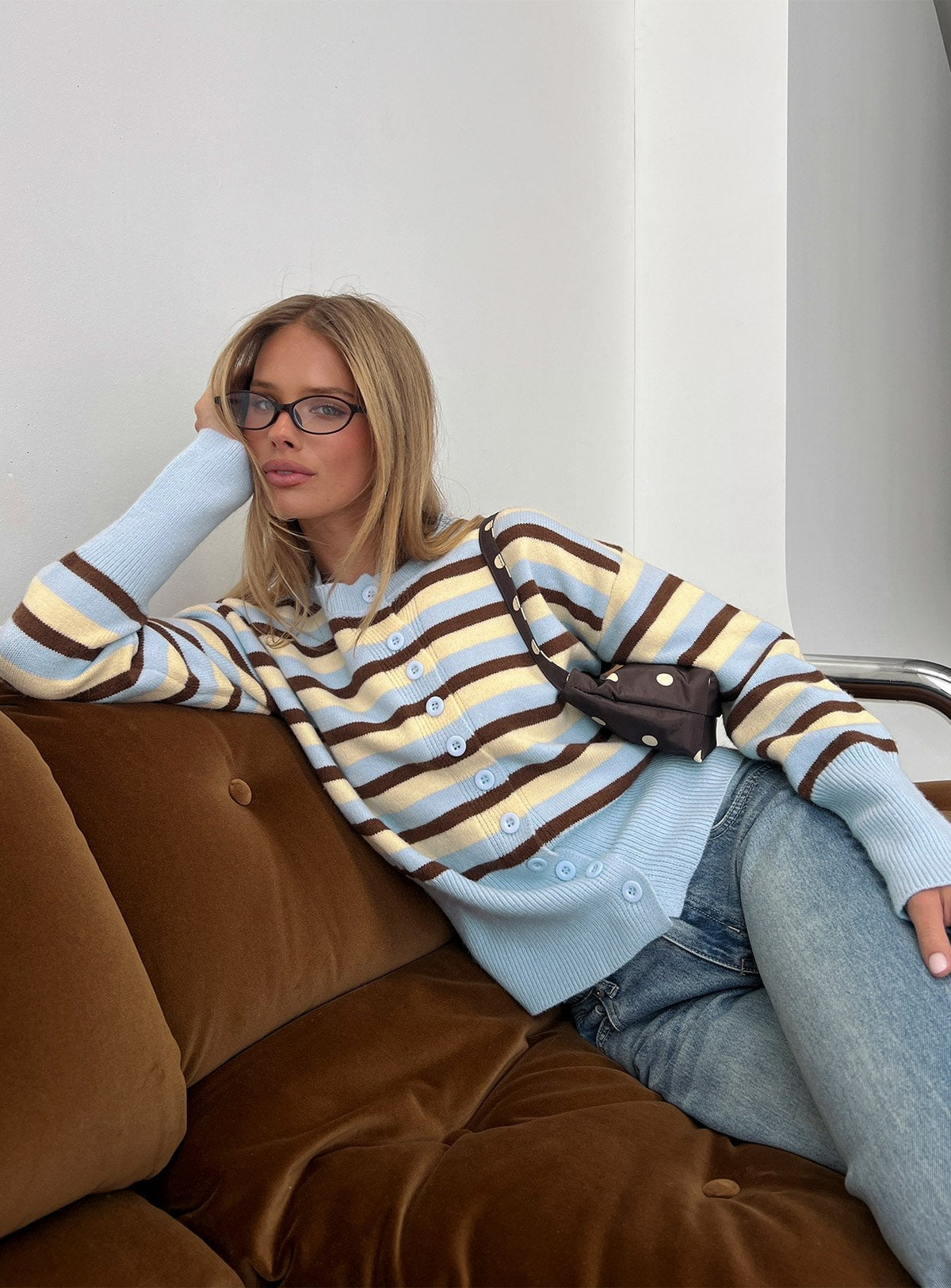 front view of model wearing Princess Polly Rhitta Button Down Cardigan Multi Stripe Jumpers 