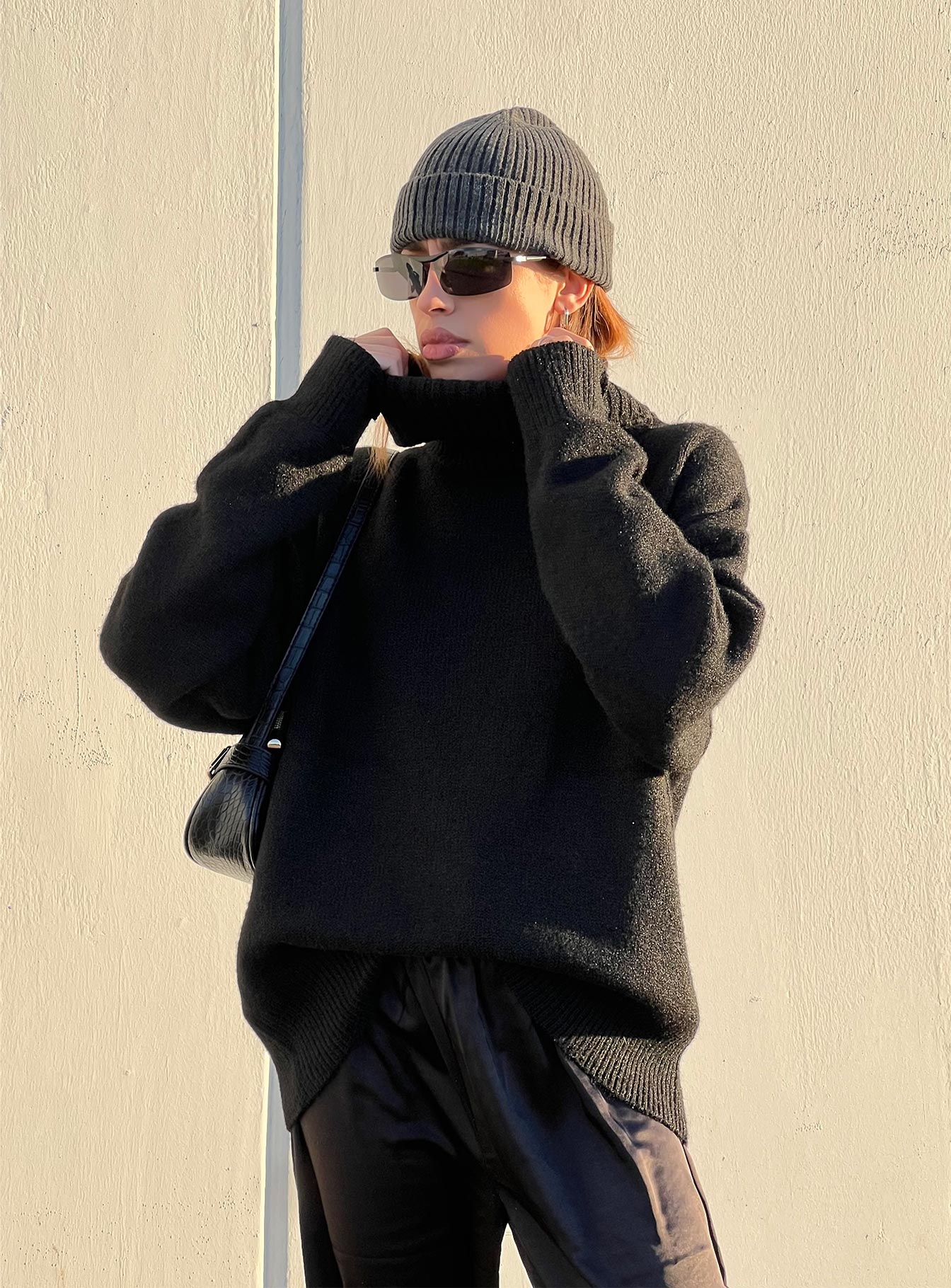 back view of model wearing Princess Polly Oswin Turtleneck Sweater Black Long 