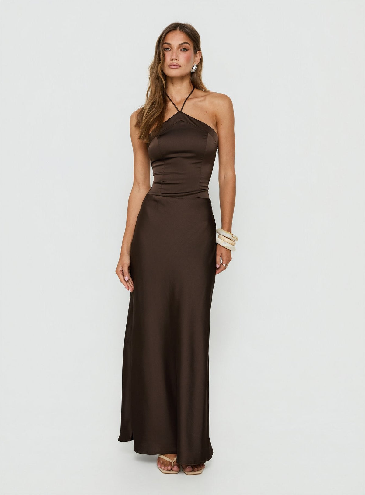 Carsonn Arrowneck Satin Maxi Dress Chocolate