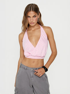 Priella Plunge Halter Top Pink Stripe