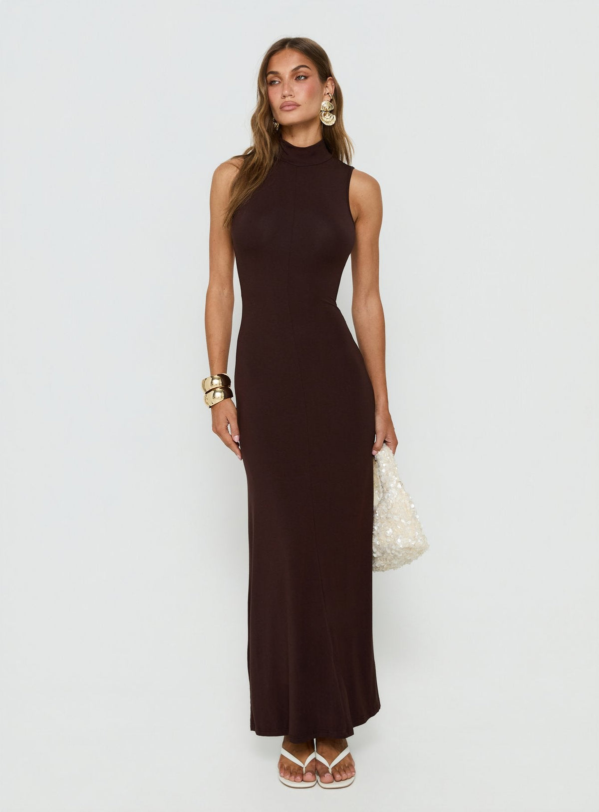 Elsi Funnel Neck Cutout Maxi Dress Brown