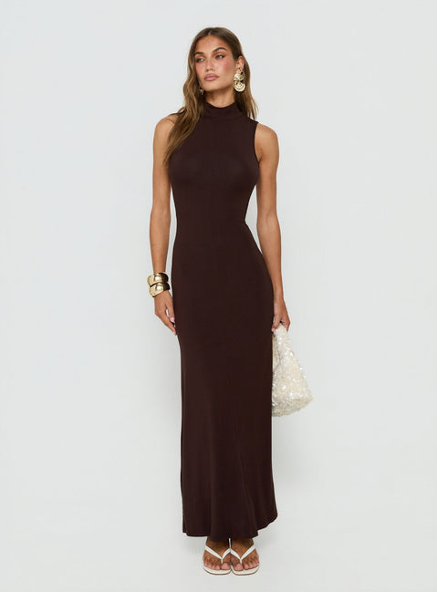 Elsi Funnel Neck Cutout Maxi Dress Brown