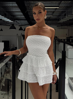 back view of model wearing Princess Polly Sunkiss Frill Mini Dress White / Broderie Straight Neck 