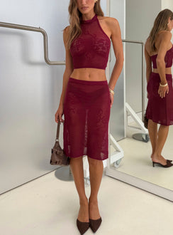 Velani Sheer Floral Detail Midi Skirt Wine