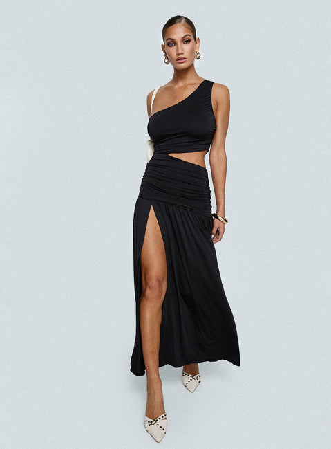 back view of model wearing Princess Polly Magnetize Ruched Maxi Dress Black Asymmetric Neckline 