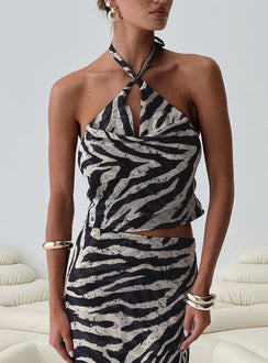 front view of model wearing Princess Polly Eleganza Top Zebra Sleeveless Cowl 