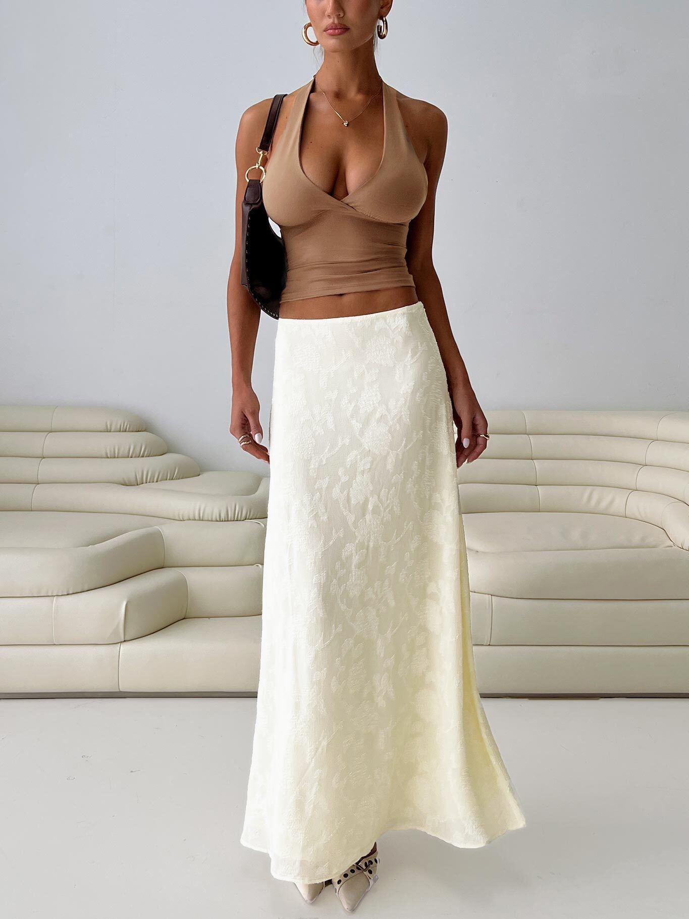 back view of model wearing Princess Polly Su Casa Low Waist Maxi Skirt Yellow Maxi 