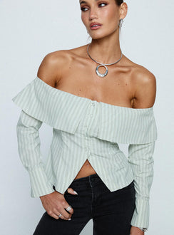 Another Hill Off Shoulder Top Green Stripe