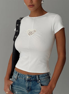 front view of model wearing Princess Polly We Could Go Lace Detail Top White Short Sleeves Crew Neck 