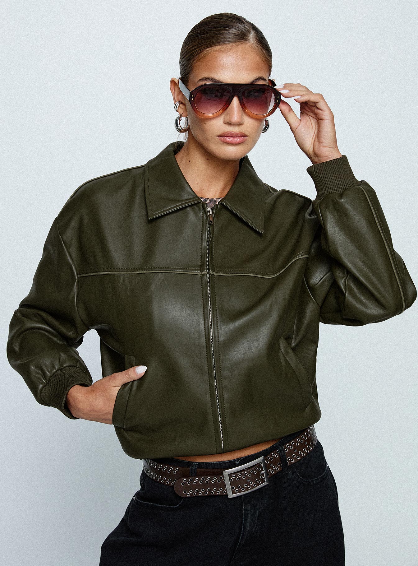 Uncover Faux Leather Bomber Jacket Dark Green