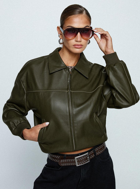 Uncover Faux Leather Bomber Jacket Dark Green