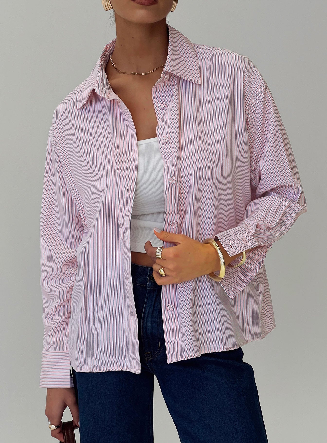 front view of model wearing Princess Polly Wild Promise Top Pink Stripe Full Sleeves V-Neck 