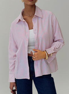front view of model wearing Princess Polly Wild Promise Top Pink Stripe Full Sleeves V-Neck 