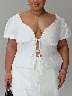 front view of model wearing Princess Polly Wilhelmina Blouse Top White Curve Short Sleeves Plunger 