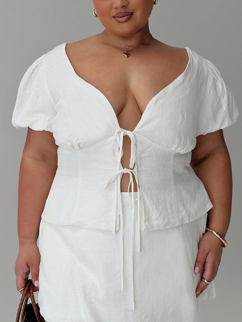 front view of model wearing Princess Polly Wilhelmina Blouse Top White Curve Short Sleeves Plunger 