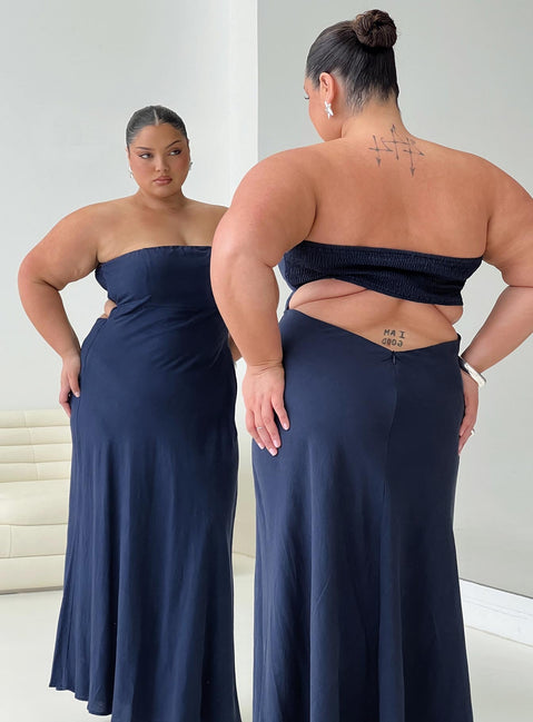 back view of model wearing Princess Polly Yahir Strapless Maxi Dress Navy Curve Straight Neck 