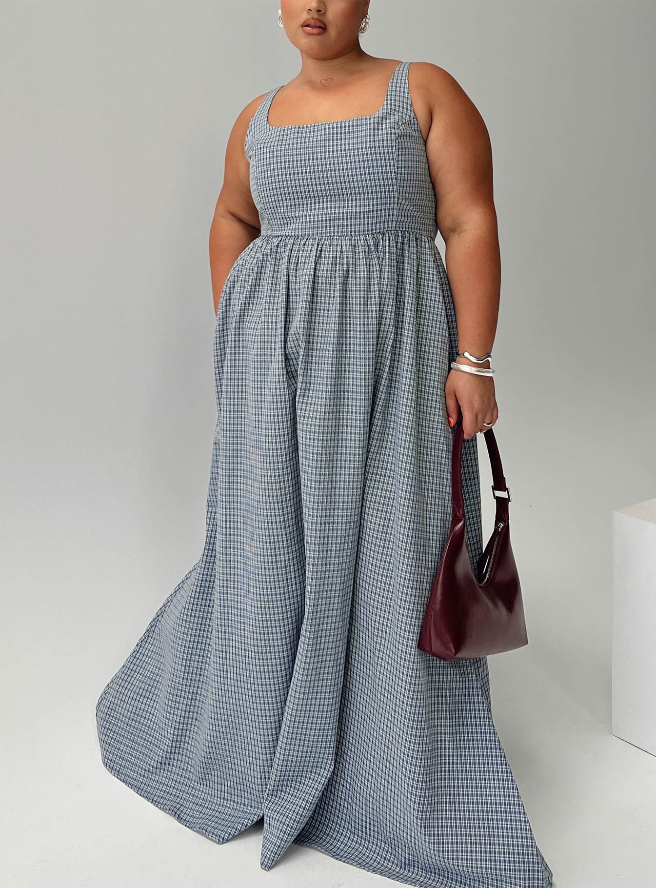 front view of model wearing Princess Polly Cartmel Check Maxi Dress Navy Curve Square Neck 