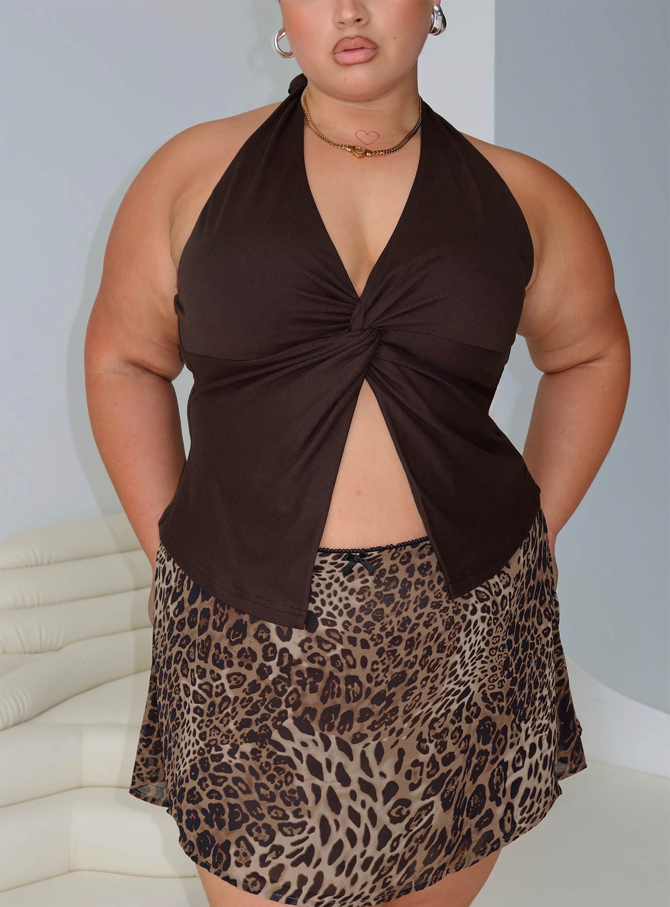 front view of model wearing Princess Polly No Hard Feelings Twist Top Brown Curve Sleeveless V-Neck 