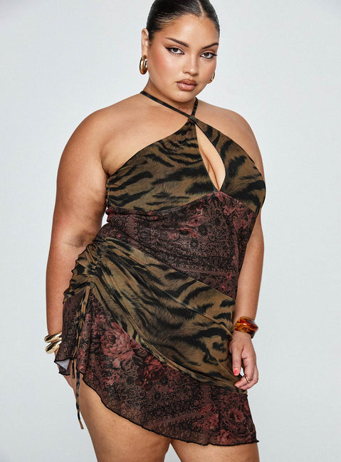 front view of model wearing Princess Polly Syrefena Halter Mini Dress Multi Curve Plunger 