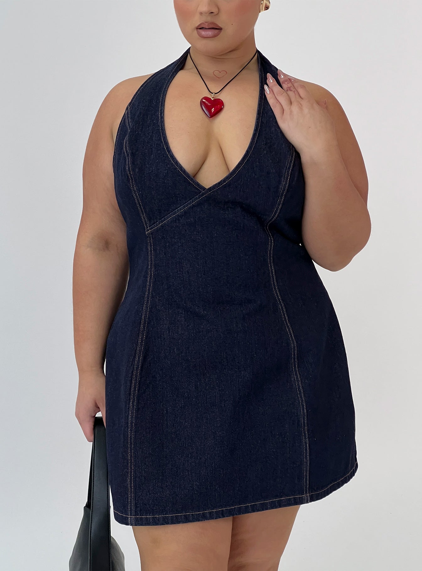 Say Goodnight Denim Halter Mini Dress Mid Wash Curve Say Goodnight Denim Halter Mini Dress Mid Wash Curve
