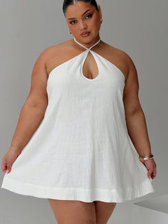 front view of model wearing Princess Polly Thomasina Linen Halter Dress White Curve 