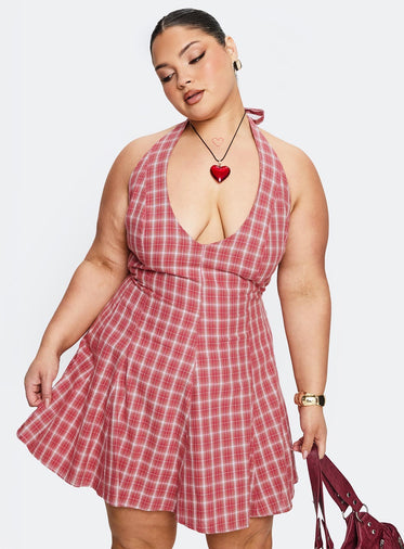 Out Of Nowhere Halter Mini Dress Red Check Curve