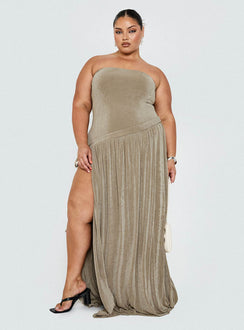front view of model wearing Princess Polly Inka Strapless Maxi Dress Taupe Curve Straight Neck 