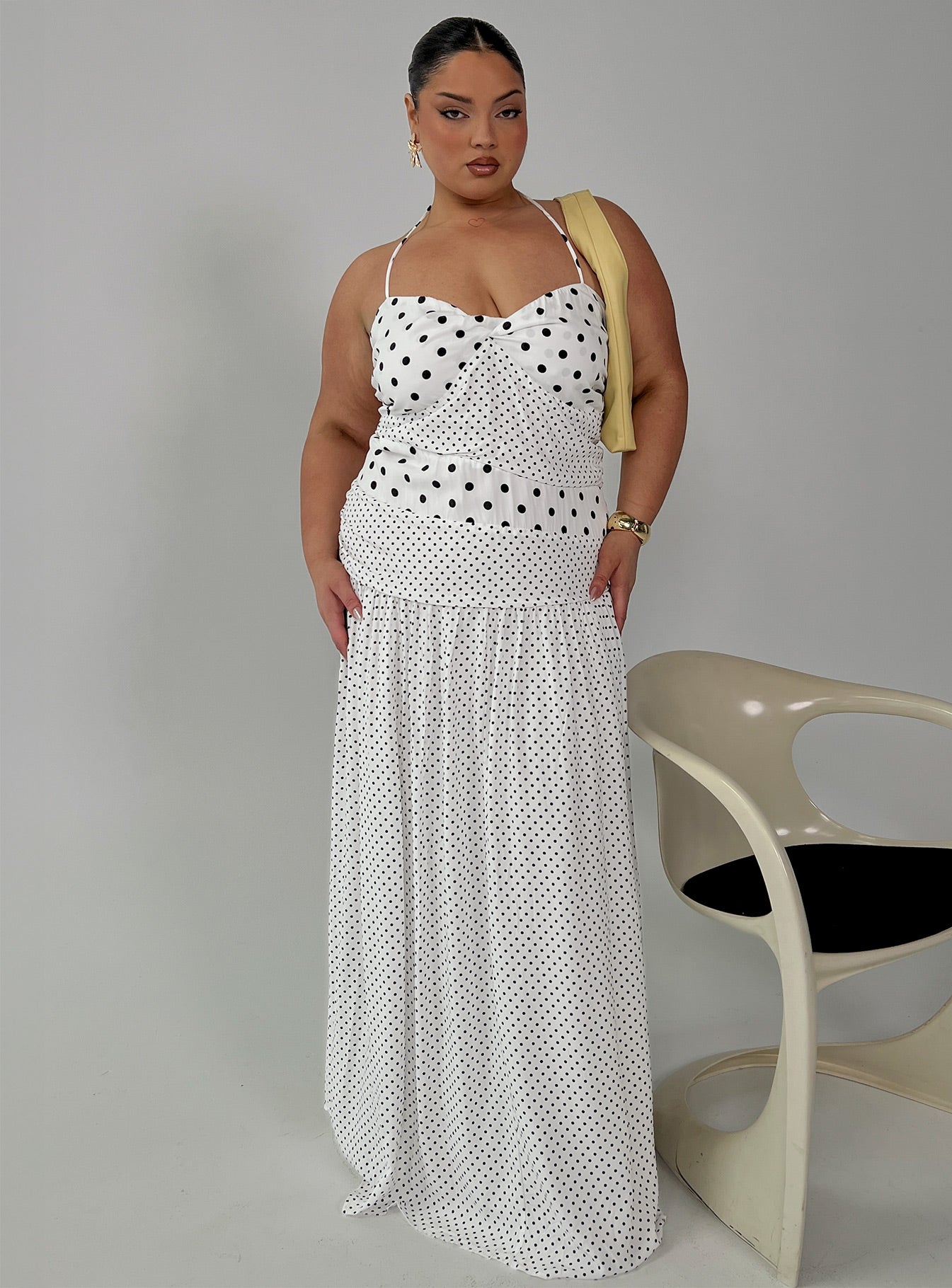 Marguerite Halter Maxi Dress White Polka Curve