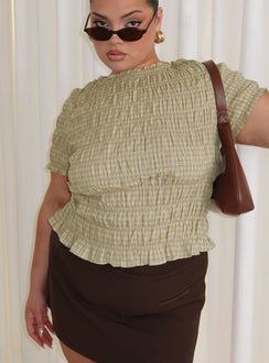 Romelle Shirred Top Green / Brown Plaid Curve