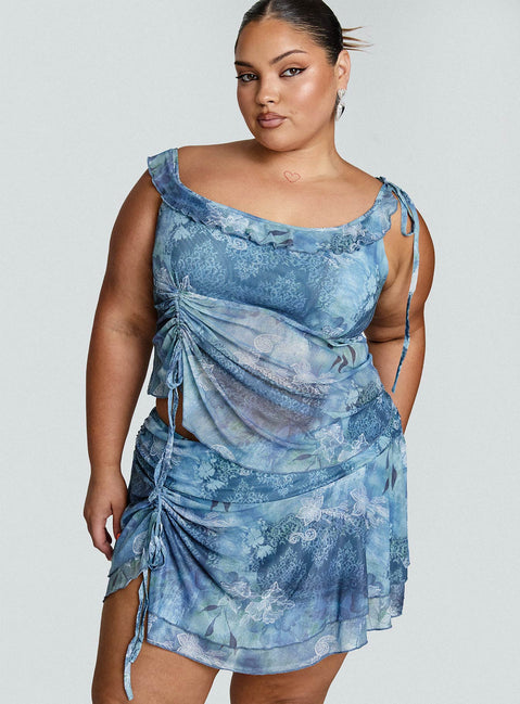 Rosee Off Shoulder Frill Top Blue Mutli Curve