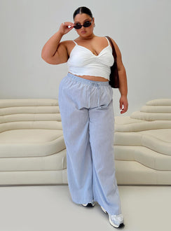 front view of model wearing Princess Polly Holiday Tie Front Pant Blue / White Stripe Curve High Waisted Pants 