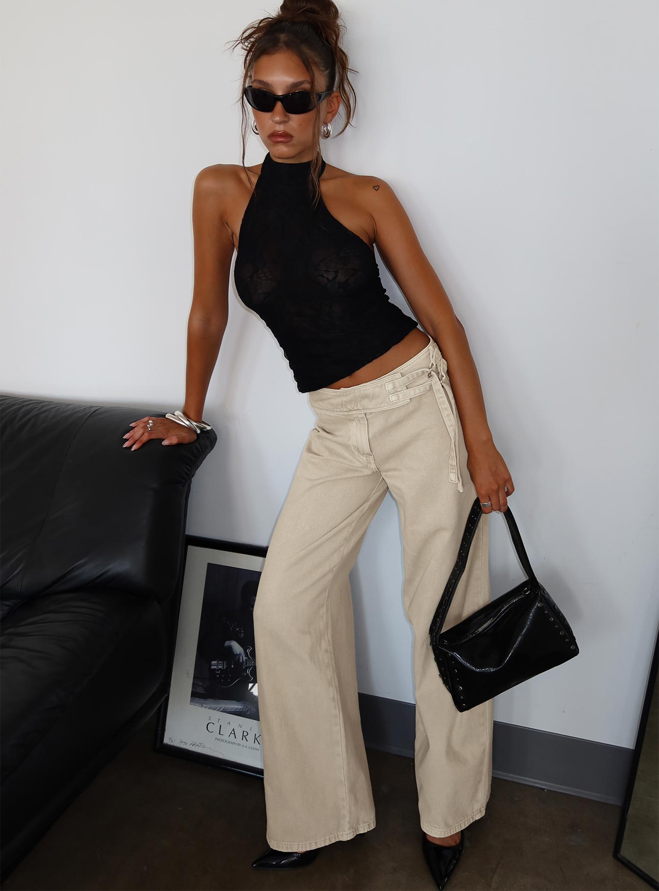 front view of model wearing Princess Polly Boxie Mid Rise Wide Leg Jeans Washed Green Mid Rise Jeans 