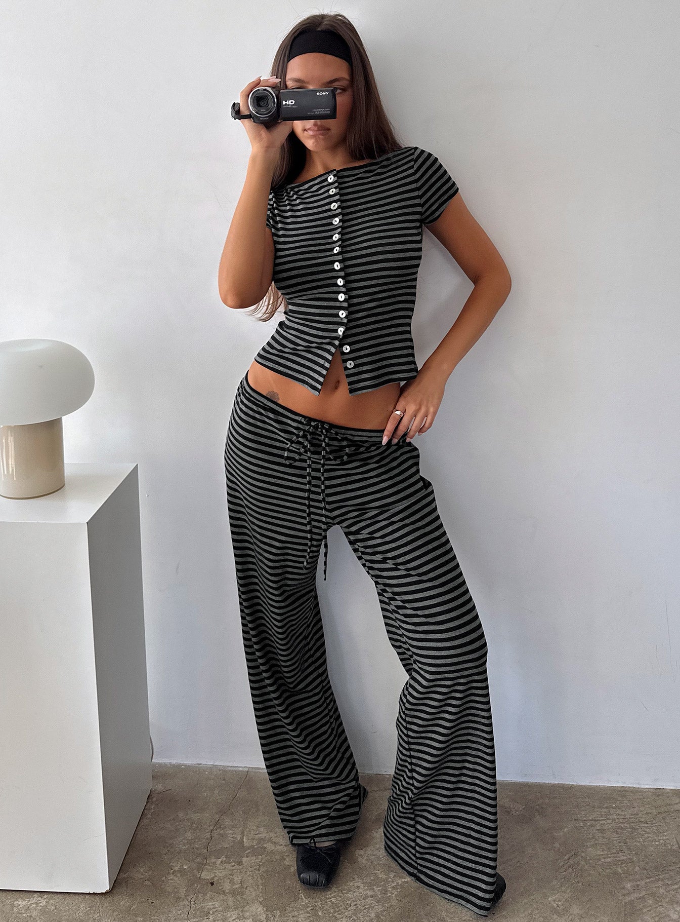front view of model wearing Princess Polly Gavrielle Jersey Wide Leg Pants Stripe High Rise Pants 