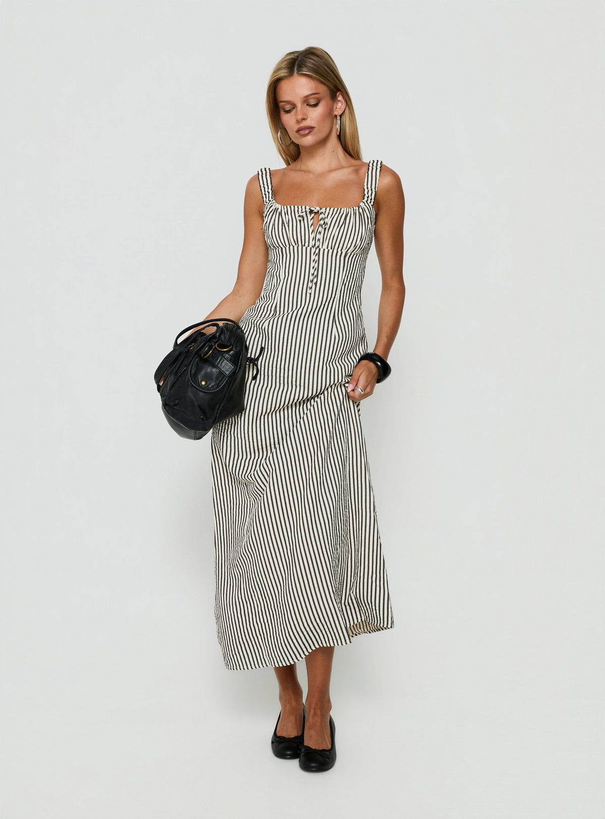 Vespar Tie Detail Maxi Dress Black / Cream Stripe