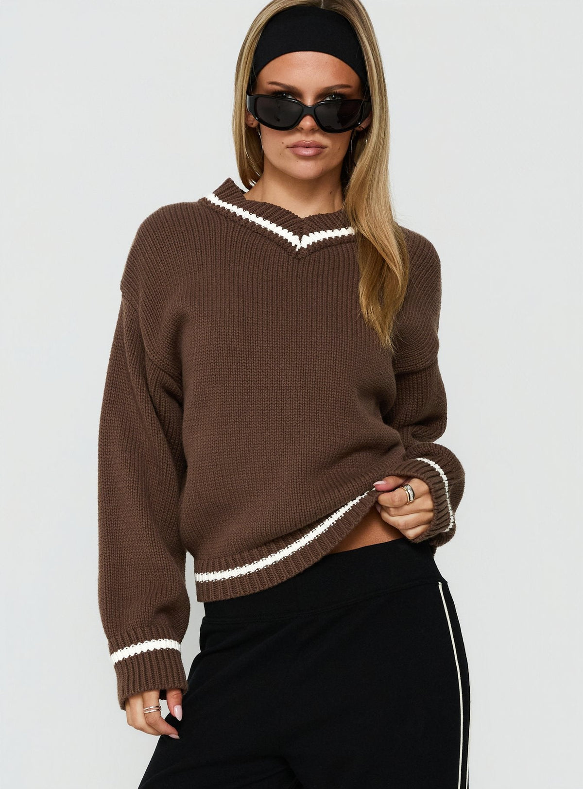 Myrandah V Neck Long SLeeve Knit Jumper Chocolate Stripe
