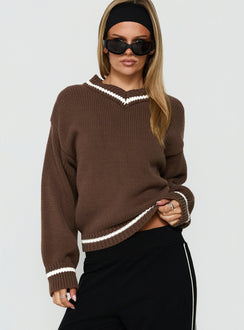 Myrandah V Neck Long SLeeve Knit Jumper Chocolate Stripe