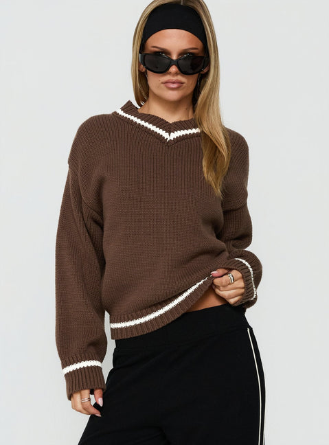 Myrandah V Neck Long SLeeve Knit Jumper Chocolate Stripe