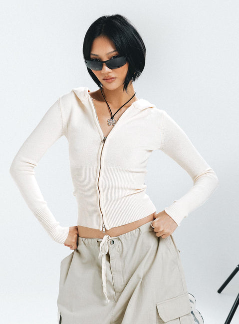 side view of model wearing Princess Polly Elingford Zip Up Hooded Sweater Cream 