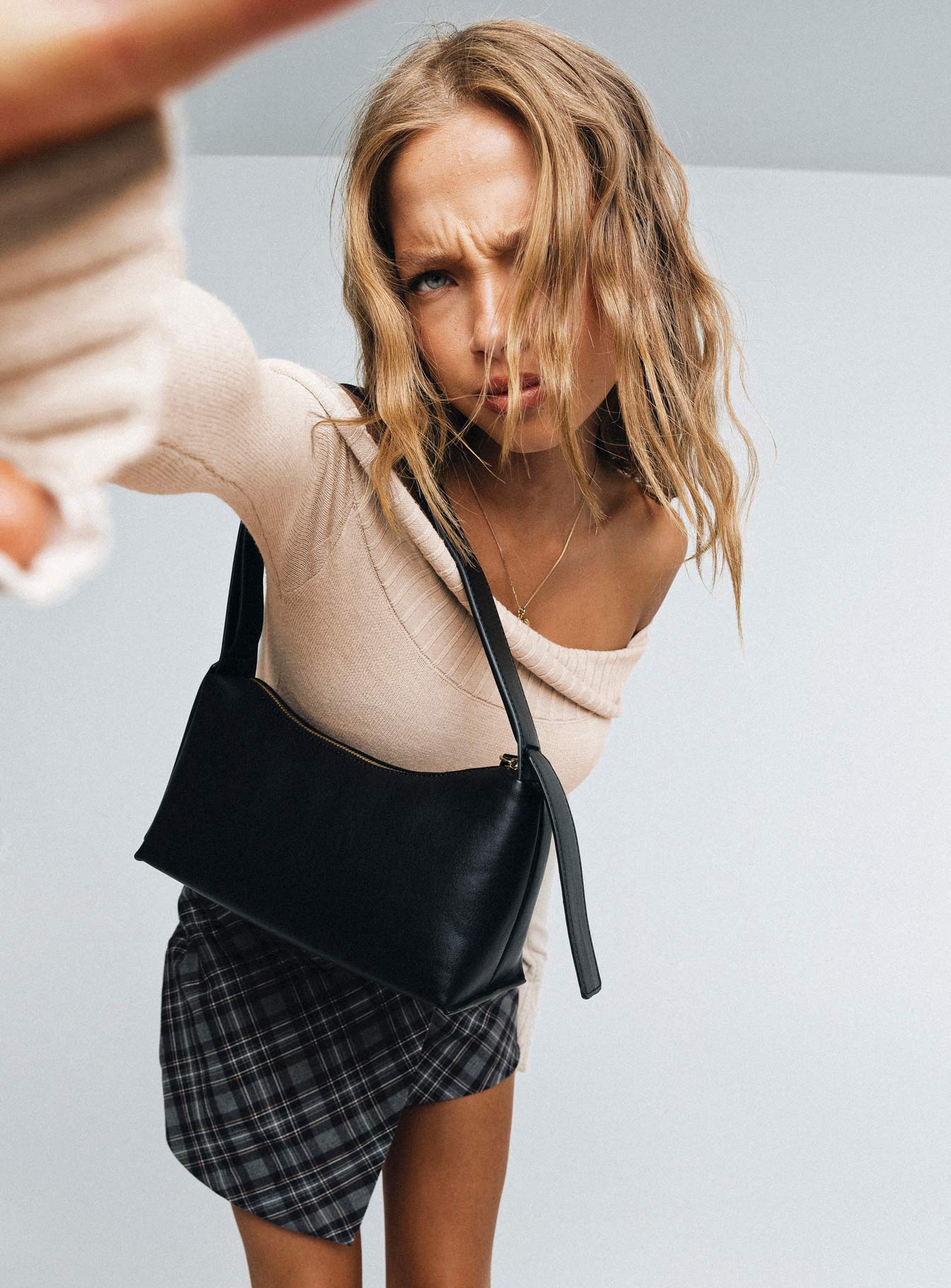 side view of model wearing Princess Polly Savani Off The Shoulder Bodysuit Beige Full Sleeves straight 