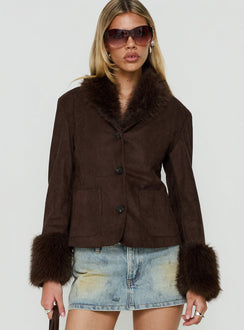 Memoree Faux Fur Trim Jacket Chocolate