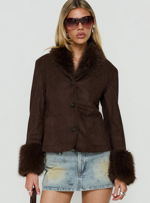 Memoree Faux Fur Trim Jacket Chocolate